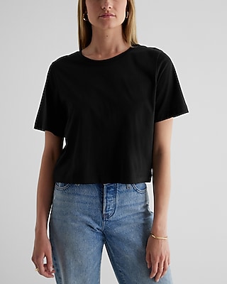 Relaxed Crew Neck Boxy Crop Top Black Women's S