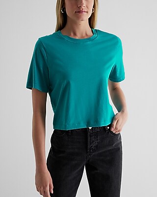 Relaxed Crew Neck Boxy Crop Top Blue Women's XL