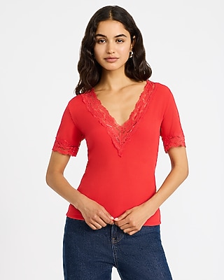 Ribbed Lace Trim V-Neck Elbow Sleeve Tee