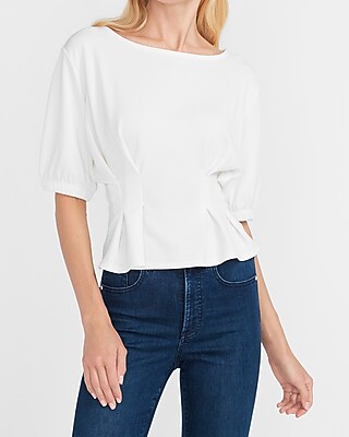 Image of Bateau Neck Puff Sleeve Top White Women's XL