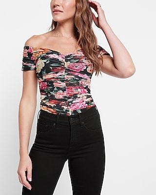 Bodycon Floral Mesh Off The Shoulder Thong Bodysuit