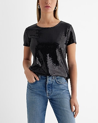 Metallic Dot Sequin Crew Neck Short Sleeve Tee