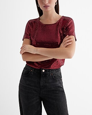 Metallic Dot Sequin Crew Neck Short Sleeve Tee Purple Women's XS