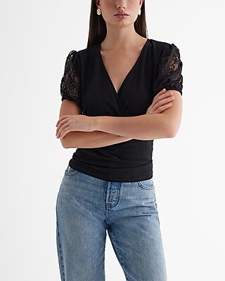 V-Neck Lace Puff Sleeve Surplice Top