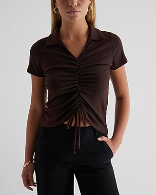 Ribbed V-Neck Short Sleeve Ruched Polo Top Brown Women's XS
