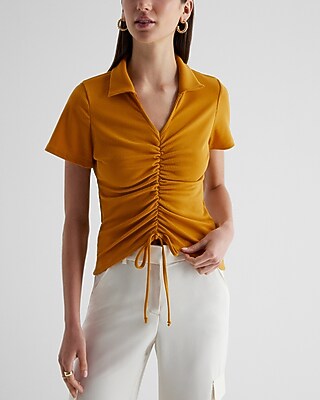 Ribbed V-Neck Short Sleeve Ruched Polo Top