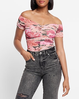 Bodycon Floral Mesh Off The Shoulder Thong Bodysuit