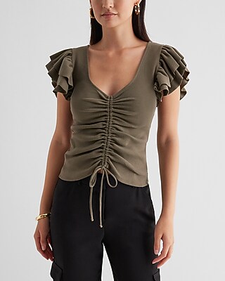 V-Neck Ruffle Sleeve Ruched Tie Tee Green Women's XS