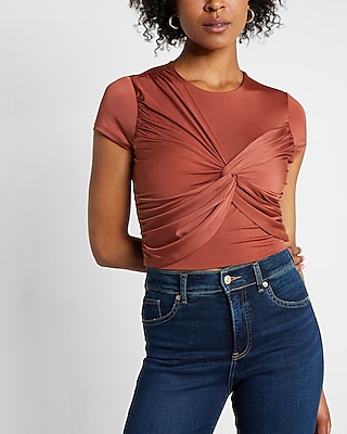 Bodycon Compression Silky Jersey Twist Front Crop Top Orange Women's XXS