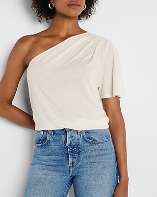 Skimming Linen-Blend Pleated One Shoulder Tee
