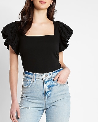 Square Neck Eyelet Sleeve Tie Back Tee