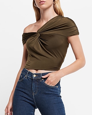 Body Contour Compression Silky Twist One Shoulder Crop Top Green Women's XXS