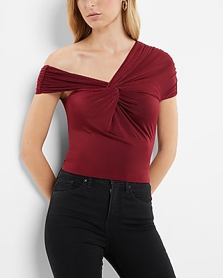 Bodycon Compression Silky Twist One Shoulder Crop Top Red Women's XS