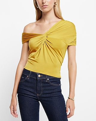 Bodycon Compression Silky Twist One Shoulder Crop Top Green Women's XS