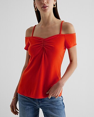 Ribbed Off The Shoulder Ruched Front Top Orange Women's XS