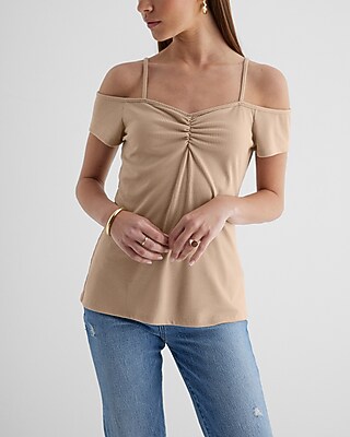 Ribbed Off The Shoulder Ruched Front Top Neutral Women's XS