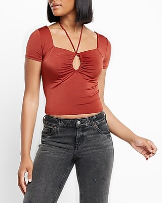 Bodycon Compression Silky Tie Keyhole Front Crop Top