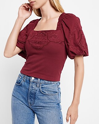 Embroidered Square Neck Puff Sleeve Top