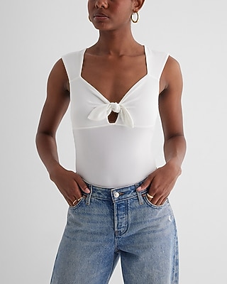 Sweetheart Neckline Tie Front Bodysuit White Women's M