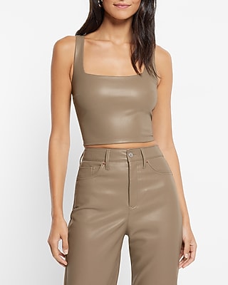 Bodycon Faux Leather Square Neck Crop Top Brown Women's XS