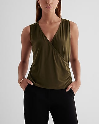 V-Neck Wrap Ruched Side Tank Green Women's XS