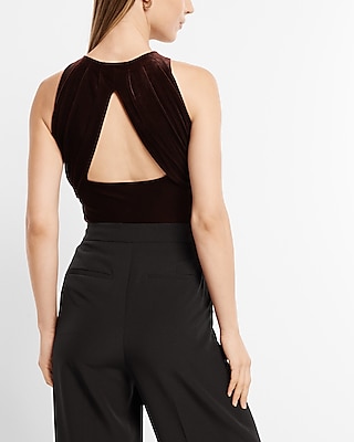 Bodycon Velvet High Neck Back Cutout Thong Bodysuit Brown Women's XL