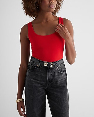 Bodycon High Compression Scoop Neck Brief Bodysuit Red Women's M