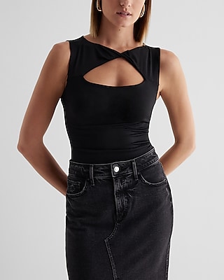 Bodycon Compression Twist Cutout Front Bodysuit Black Women's XL