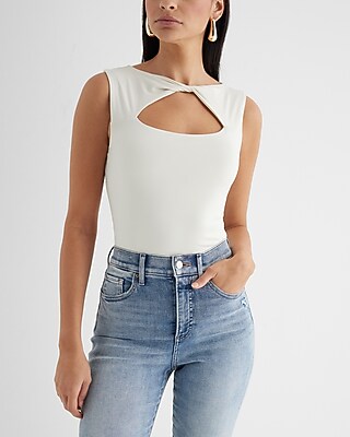 Bodycon Compression Twist Cutout Front Bodysuit White Women's S