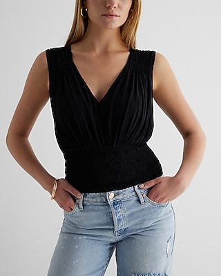 V-Neck Ruched Banded Bottom Tank Black Women's XS