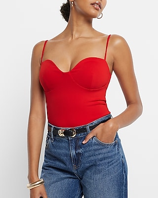 Bodycon High Compression Bustier Bodysuit With Bra Cups Red Women's M