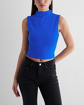Bodycon High Compression Mock Neck Crop Top Blue Women's S