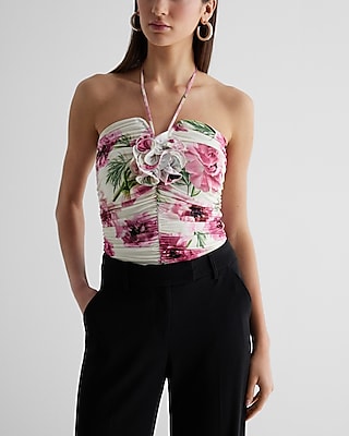 Bodycon Compression Floral Halter Rosette Bodysuit
