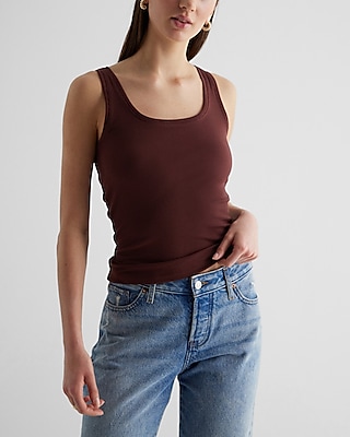 Fitted Ribbed Scoop Neck Tank Brown Women's S