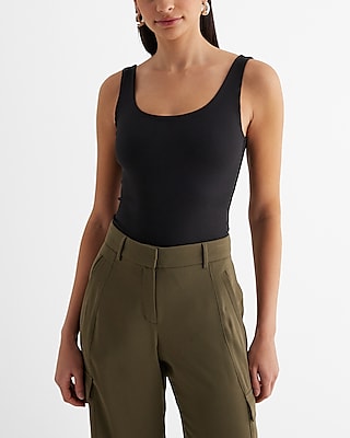 Bodycon High Compression Ribbed Scoop Neck Bodysuit Black Women's M