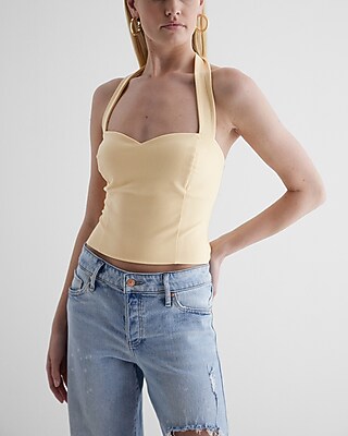 Bodycon Textured Sweetheart Halter Crop Top Yellow Women's XL