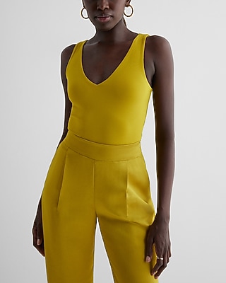 Bodycon High Compression Double V-Neck Tank Yellow Women's XS