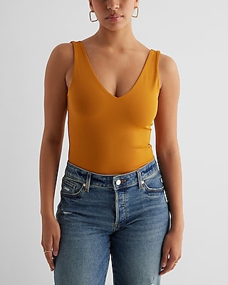 Bodycon High Compression Double V-Neck Tank Yellow Women's XS