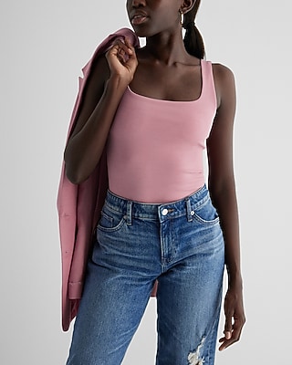 Bodycon Textured Square Neck Bodysuit Pink Women's XL