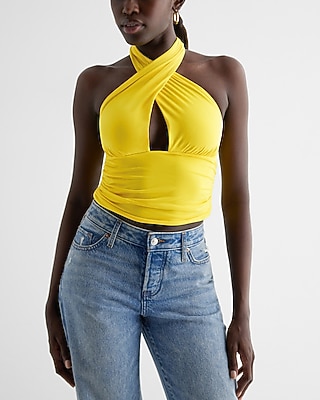 Bodycon Compression Convertible Halter Crop Top Yellow Women's XS