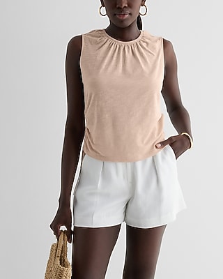 Gathered Crew Neck Side Tie Cutout Copped Tank Pink Women's S