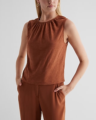 Gathered Crew Neck Side Tie Cutout Copped Tank Brown Women's L