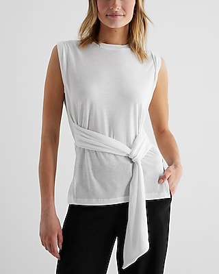 Linen-Blend Tie Waist Muscle Tank White Women's M