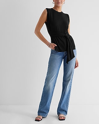 Linen-Blend Tie Waist Muscle Tank Black Women's XS