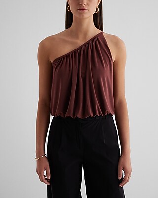 Skimming One Shoulder Draped Tank Brown Women's XS