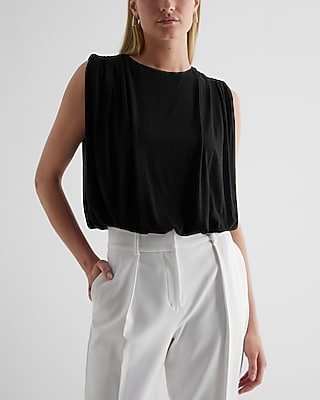 Skimming Linen-Blend Ruched Shoulder Bubble Tank Black Women's XS