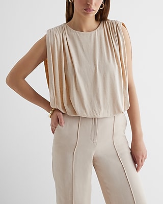 Skimming Linen-Blend Ruched Shoulder Bubble Tank Neutral Women's XS