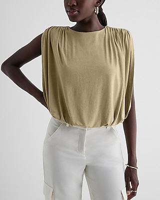 Skimming Linen-Blend Ruched Shoulder Bubble Tank Green Women's M