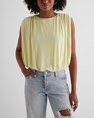 Skimming Linen-Blend Ruched Shoulder Bubble Tank Yellow Women's S