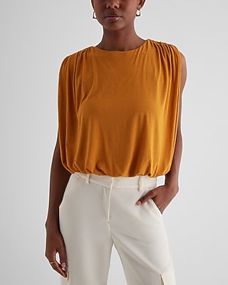 Skimming Linen-Blend Ruched Shoulder Bubble Tank Yellow Women's S